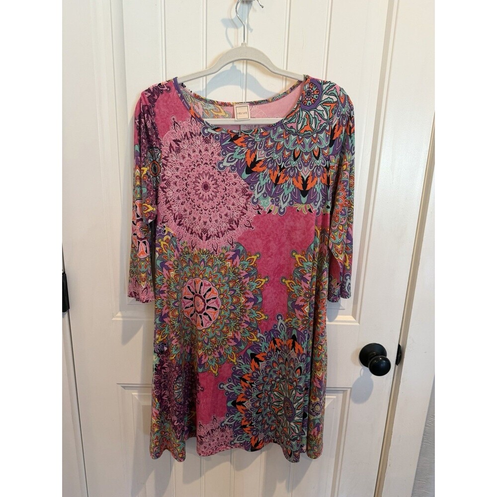 Hershe Womens M Pink Mandala Mini Dress 3/4 Sleeve Pockets Boho Stretch USA